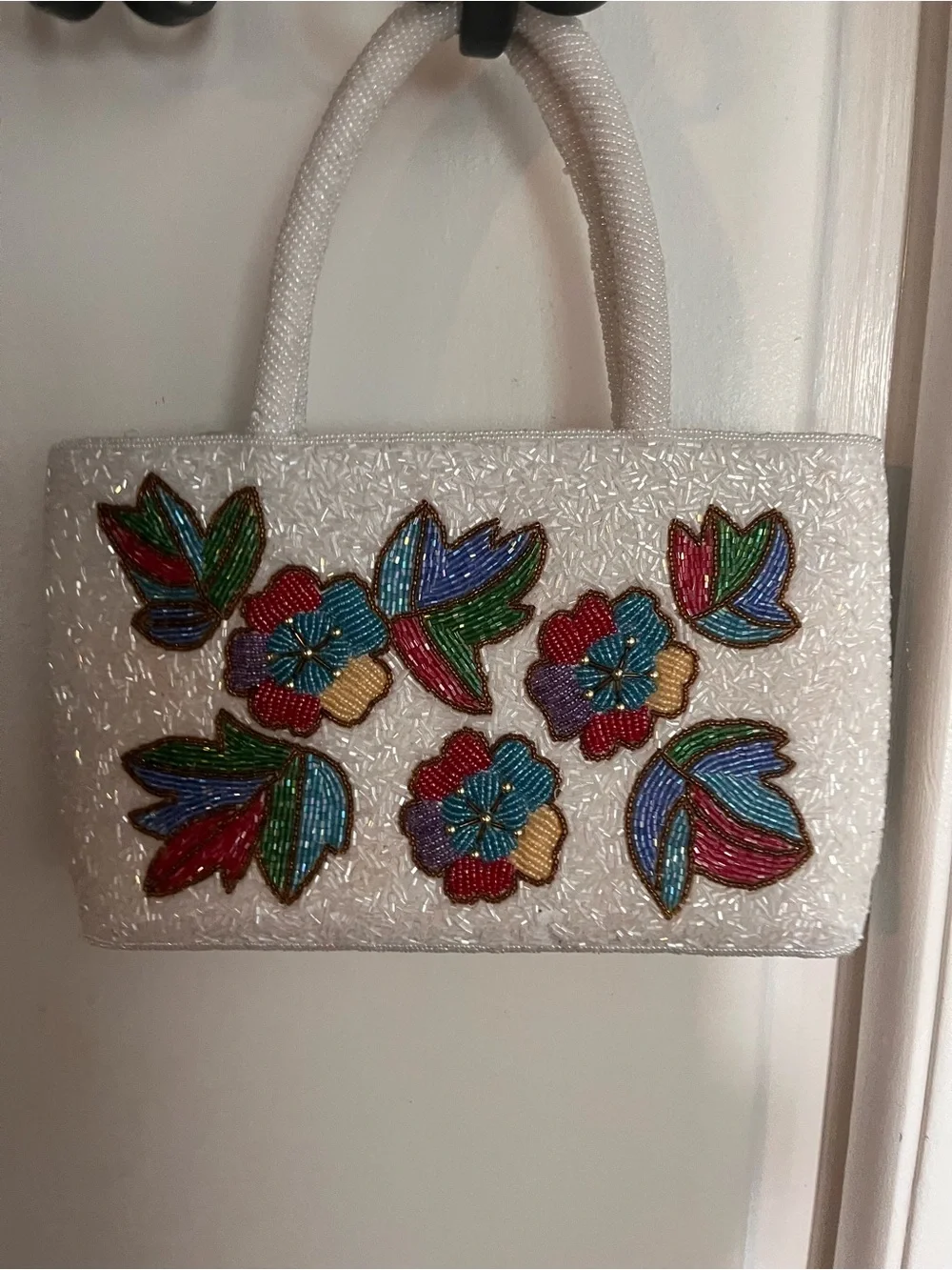 Beaded White Floral Tote Bag with Multicolor Accents